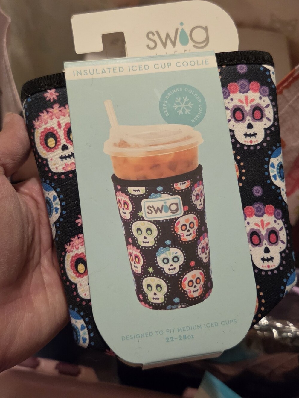 Swig Insulated Iced Cup Coolie - Black Sugar Skull Print NEW